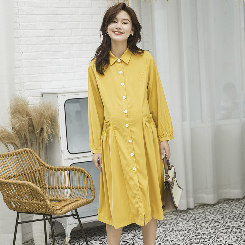 Pregnant women spring dress long version over the knee tide mom loose large size spring long sleeve black thin work dress skirt