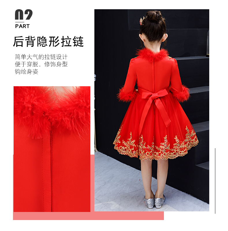 Váy bé gái dài tay màu đỏ dày ấm áp thời trang công chúa váy hoa cô gái dạ hội váy trẻ em trang phục piano mùa đông set vest kẻ cho bé trai