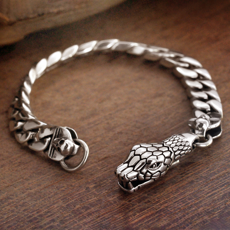 S925 Pure Silver Bully Snake Head Men Python Handmade Personality Wave Cool Fashion Retro Punk Send Boyfriend Presents