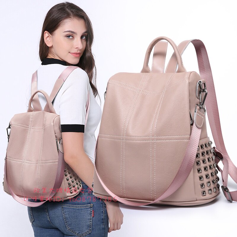European station leather sheepskin shoulder bag women's new trendy all-match pink rivets anti-theft schoolbag fashion backpack