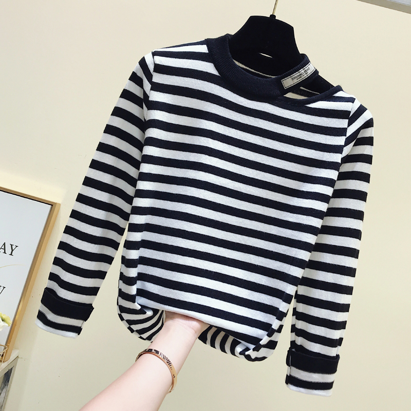 2022 Spring and autumn loaded with new open-shoulder striped jacket head T-shirt woman thin section long sleeve swarm with undershirt T-shirt short blouse