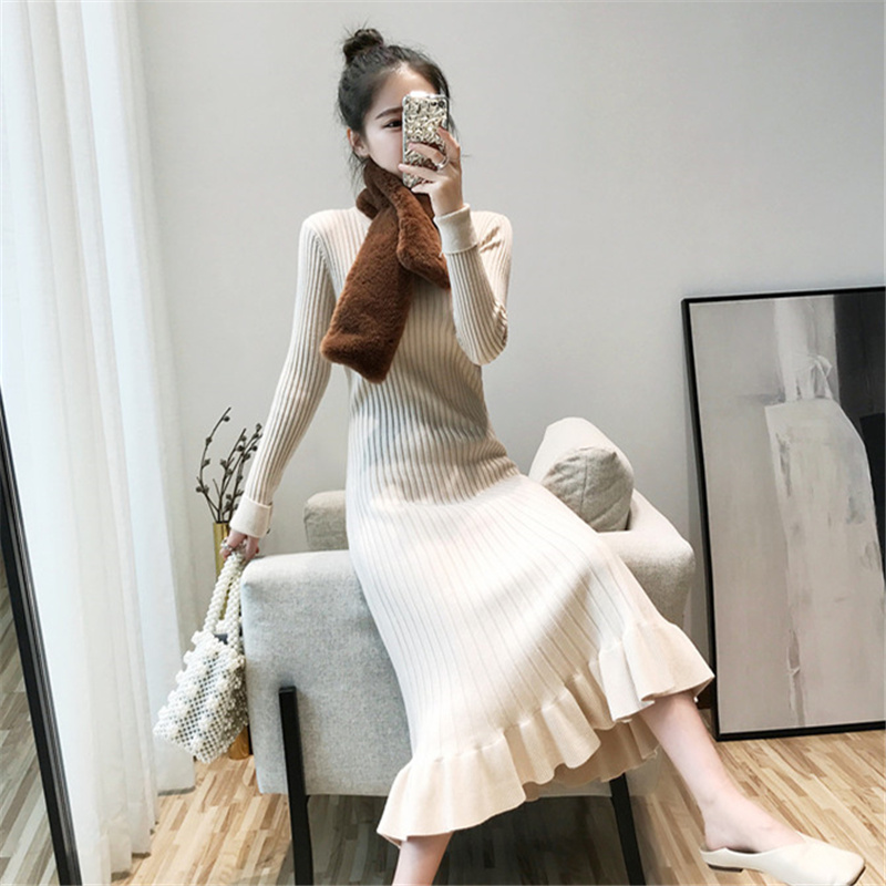 Net red lengthened sweater skirt over knee female autumn winter Nets knitted undershirt fish tail medium long version of agaric