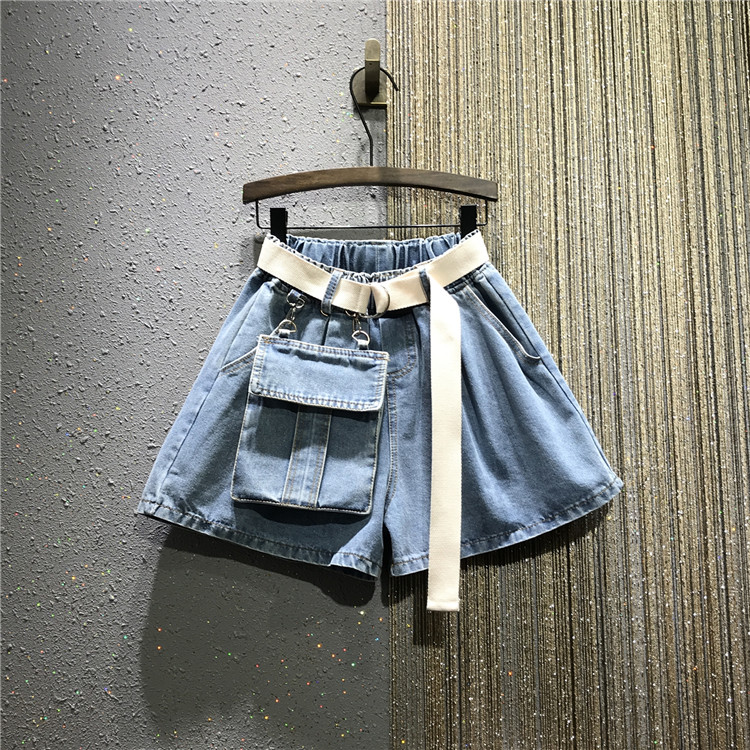 2020 Spring / Summer Loose eo Casual Hiện Thin Big Code A-Word phiên bản Big Pocket Denim Wide chân Shorts Phụ nữ