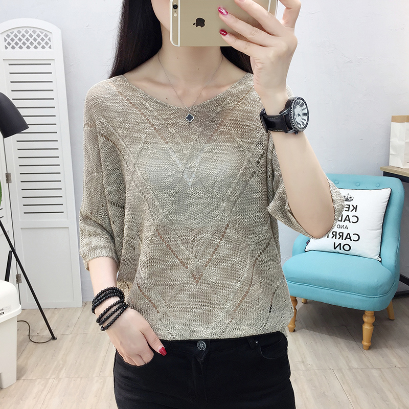 2020 mùa hè mới phù hợp với bộ áo ngắn rỗng knitshirt phụ nữ mỏng loose-fitting hoodhole lỗ áo khoác Hàn Quốc phiên bản của chiếc áo dơi