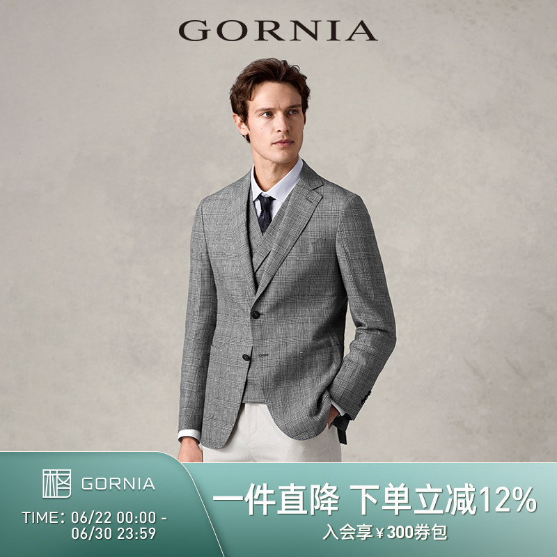 Gornia Men's Wool Fabric Suit Top Plaid Business Formal Suit Jacket for Men
