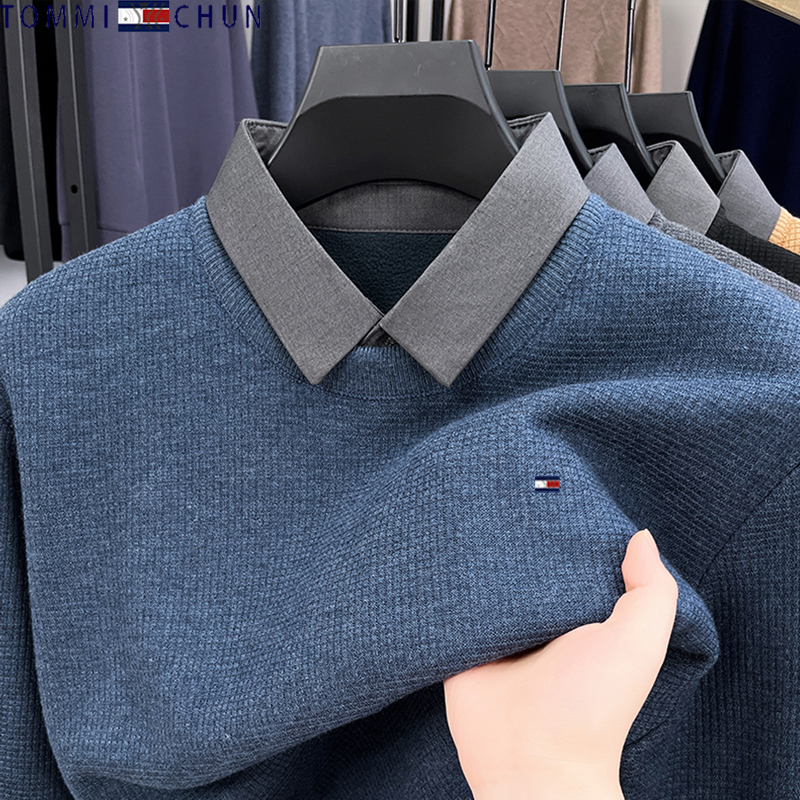 Tommy Faux Two-Piece Wool Sweater for Men, 2024 Autumn and Winter New Fashion Casual Turn-Down Collar Middle-Aged Sweater Base Layer