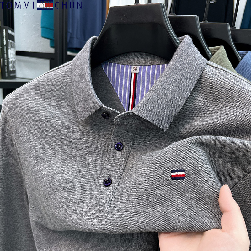 Authentic Tommy Pure Cotton Long-Sleeved T-Shirt for Men 2024 Spring and Autumn New Casual Fashion Polo Shirt for Young and Middle-Aged People