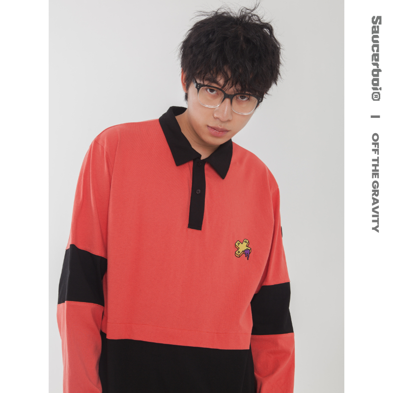 [Clearance] Saucerboi American Retro Patchwork Pure Cotton Long-Sleeve T-Shirt Loose Fit Polo Collar Men's Long-Sleeve Autumn