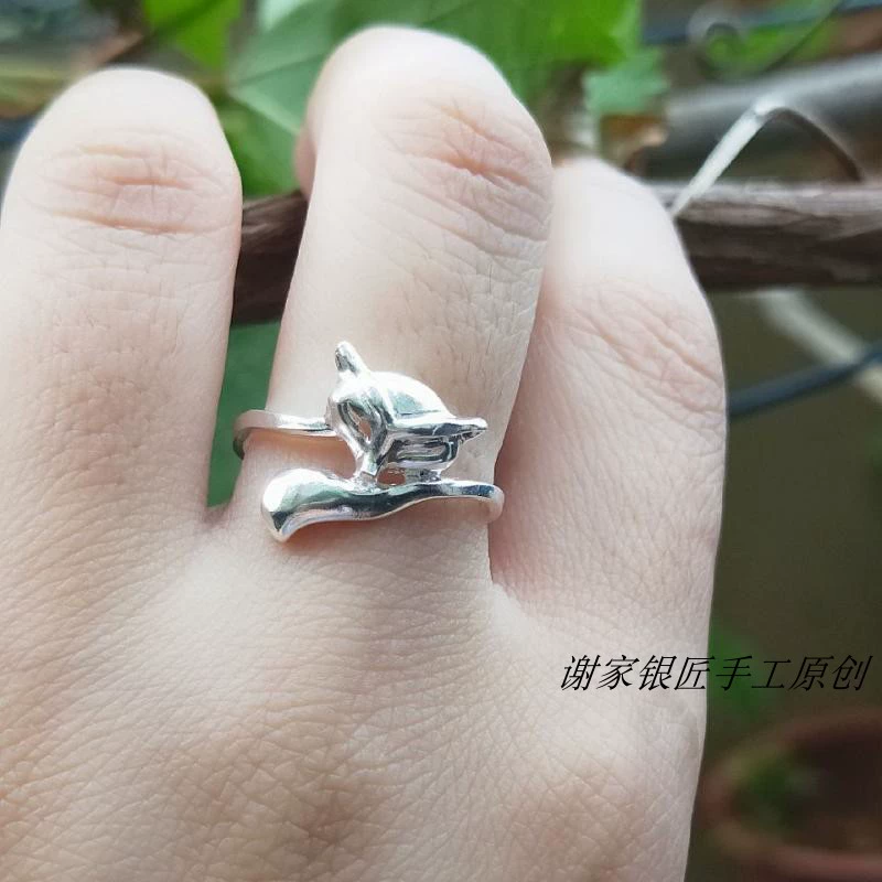 Xiejia thợ bạc 999 sterling bạc nhẫn bạc nữ trang sức, bạc nguyên chất cá nhân nhẫn ngón trỏ nhẫn đuôi, chuyển hoa đào - Nhẫn