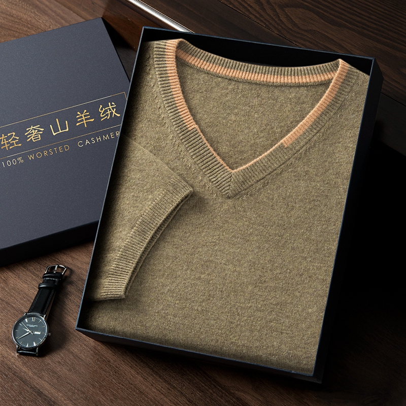 Spring and Autumn V-Neck Pure Cashmere Sweater Men's Short-Sleeved T-Shirt for Layering or Wearing Alone, Casual Half-Sleeve Color-Block Knit Top, Trendy Base Layer