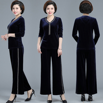 Middle-aged mother autumn Western style top wide wife noble 2019 new middle-aged womens gold velvet two-piece set
