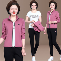 Mom spring sports suit set 2021 new middle-aged womens spring and autumn jacket large size middle-aged casual three-piece set