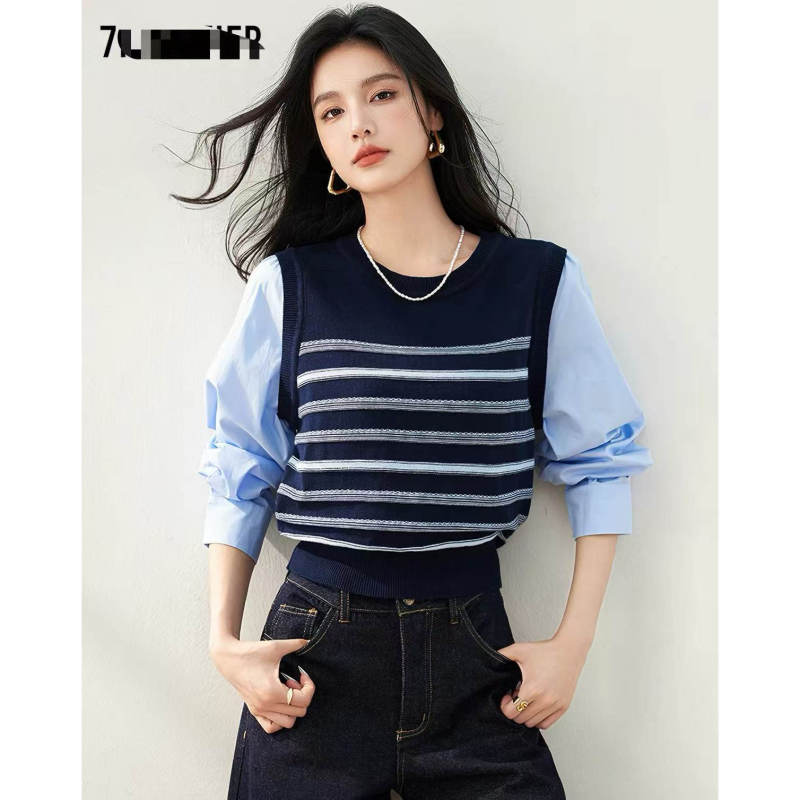 【Da Qiao's Home】Fake Two-Piece Long-Sleeve Patchwork Striped Crew Neck T-Shirt # 7447