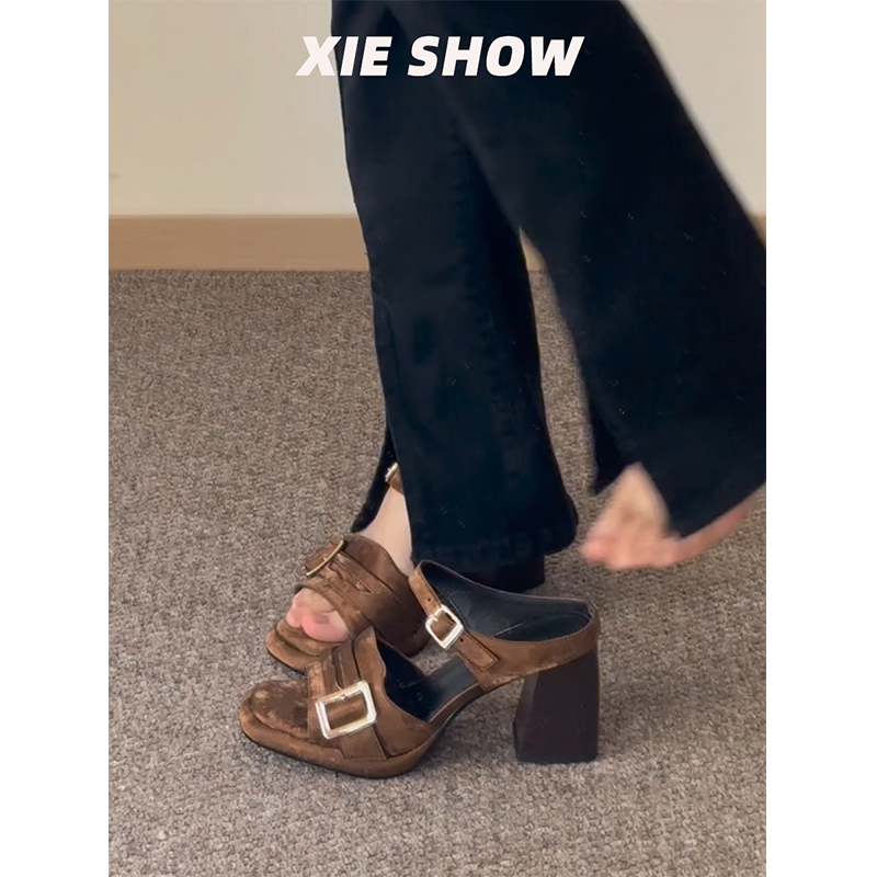 Xieshow Brown Retro Square-Toe Sandals for Women, French Style, High-End, Elegant, Open-Toe, Chunky Heel, High-Heeled Slippers for Outdoor Wear Xieshow Brown Retro Square-Toe Sandals for Women, French Style, High-End, Elegant, Open-Toe, Chunky Heel, High-Heeled Slippers for Outdoor Wear