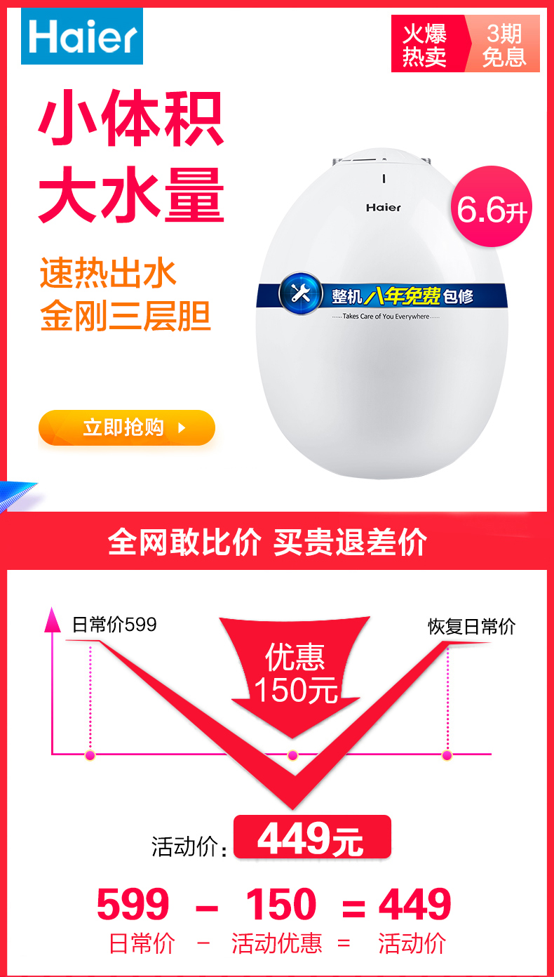hệ thống nước nóng năng lượng mặt trời Haier Haier ES6.6U (W) bếp nhỏ Po 6,6 lít nước lưu trữ loại bếp điện nước nóng kho báu nước nóng - Máy đun nước mua bình nóng lạnh