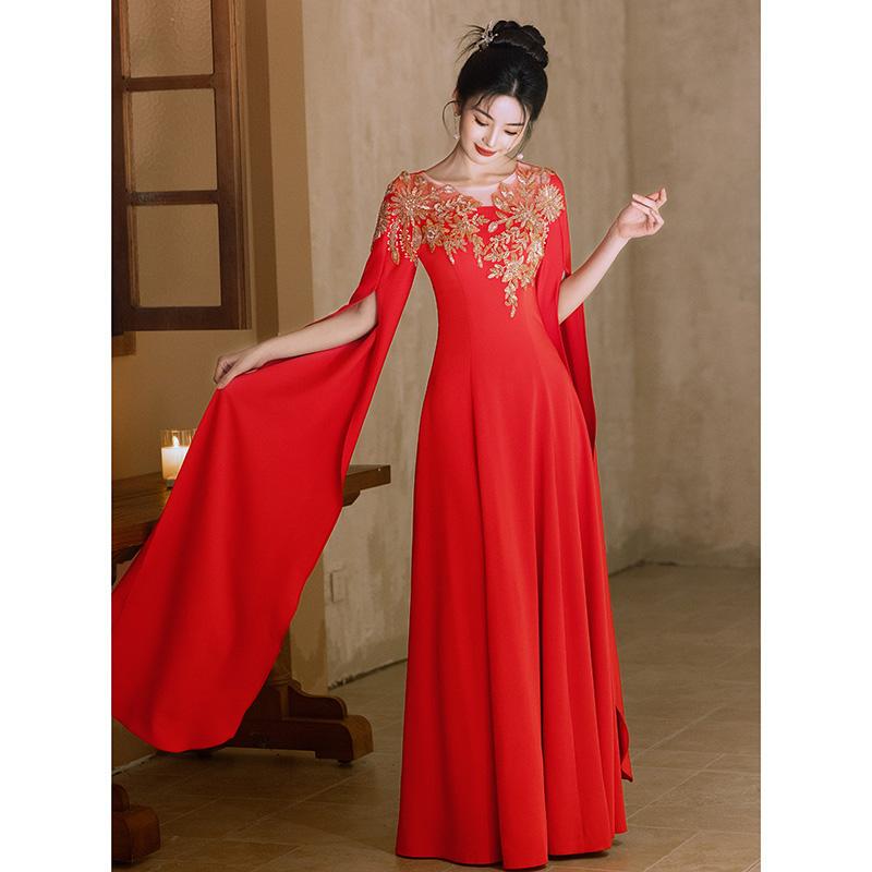 Red Evening Dress, High-End Choir Performance Costume, Chinese Style Host, Art Exam, Folk Song Solo Performance, High-End Feel for Women
