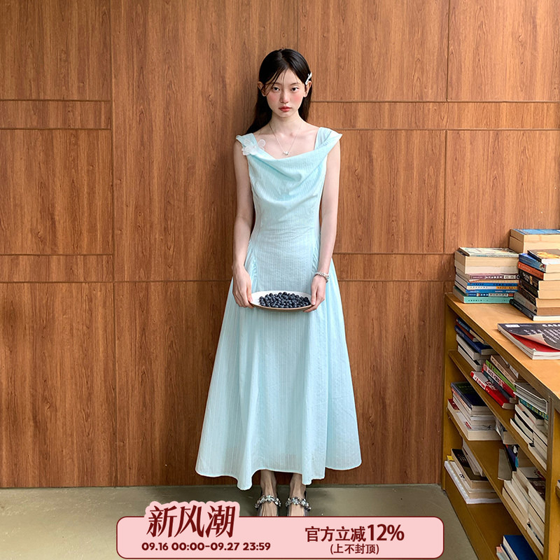 Cheese Day【Clear Ice Blue】Fresh and Clear Water Blue Sleeveless Swing-Neck A-Line Dress, Sweet and Loose Summer Dress