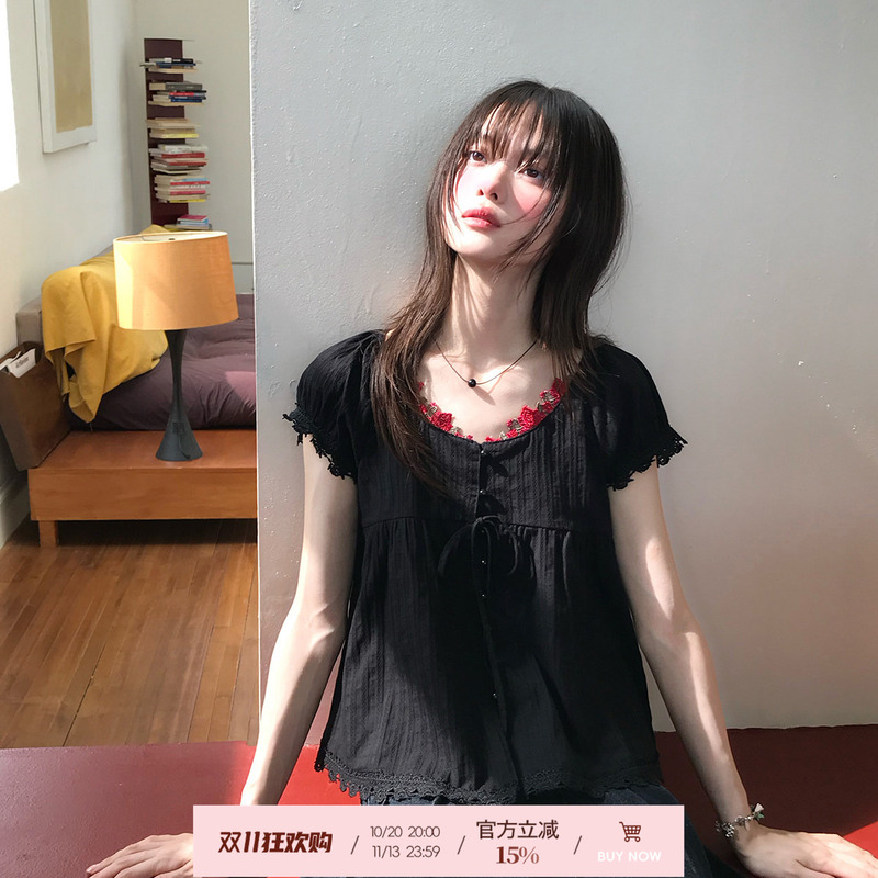 Cheese Day【Dark Night Rose】Japanese-Style Black Base Red Rose Embroidered Shirt Summer V-Neck Puff Sleeve Blouse for Women