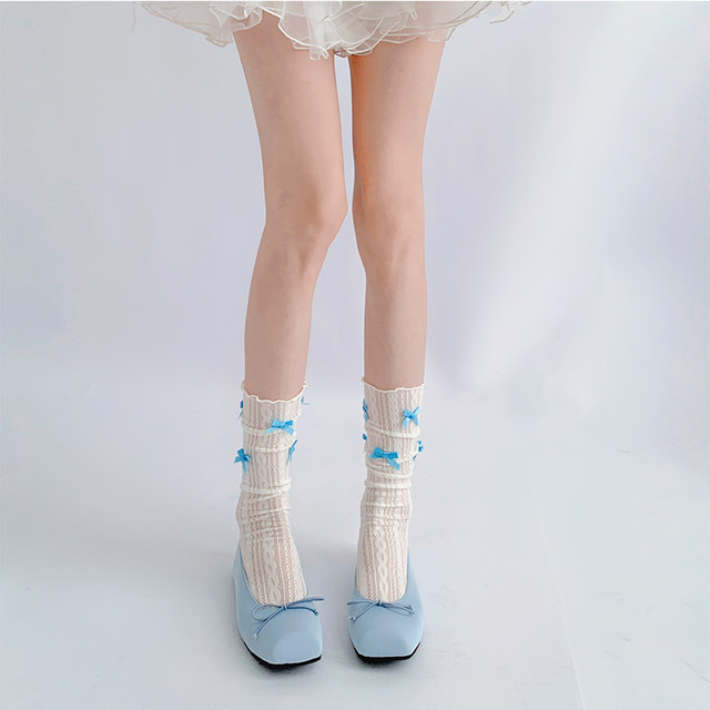 ຫ້ອງຮຽນກາງຄືນສີຂາວ lace socks ແມ່ຍິງ summer ບາງກາງ calf breathable bow ເຊື້ອເຫັດ heap socks