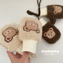 drpdrpdrp baby gloves winter Korean version of the bear plus velvet warm boys and girls baby even finger hanging neck children
