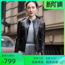 New spring and autumn leather leather womens locomotive round neck sheep leather slim short leather jacket small leather jacket