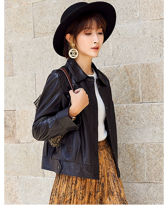 2020 Hained New Leather Women Short Lapel Slim Sheep Leather Leather Leather Jacket - Quần áo da