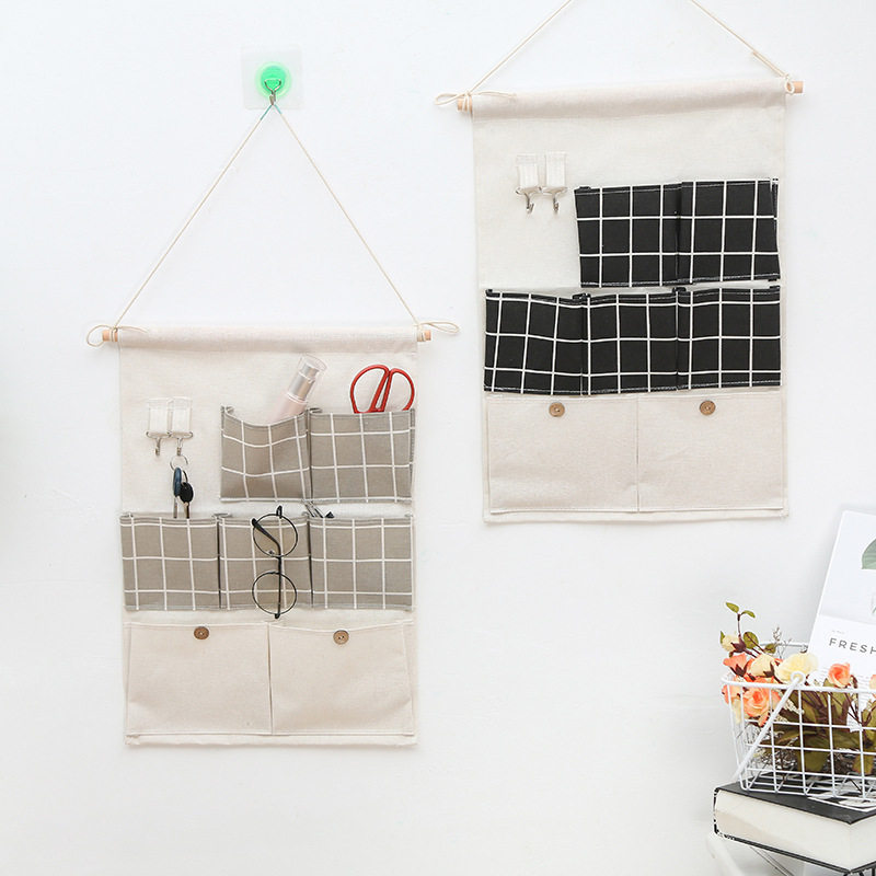 Black and white grey checkered fabric Hanging Bag Bathroom waterproof Debris Pocket Student Dormitory containing Divine Instrumental Bedside Finishing