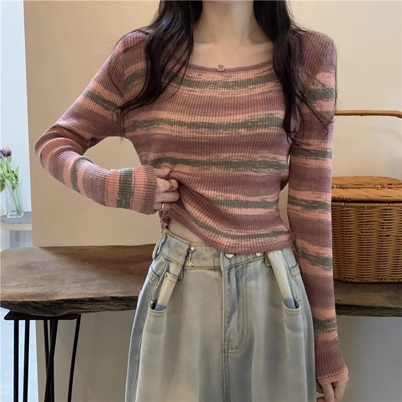 Square-Neck Collarbone T-Shirt Women's Knitted Sweater Spring, Autumn, Winter 2026 New Dopamine Stripe Age-Reducing Top for Layering