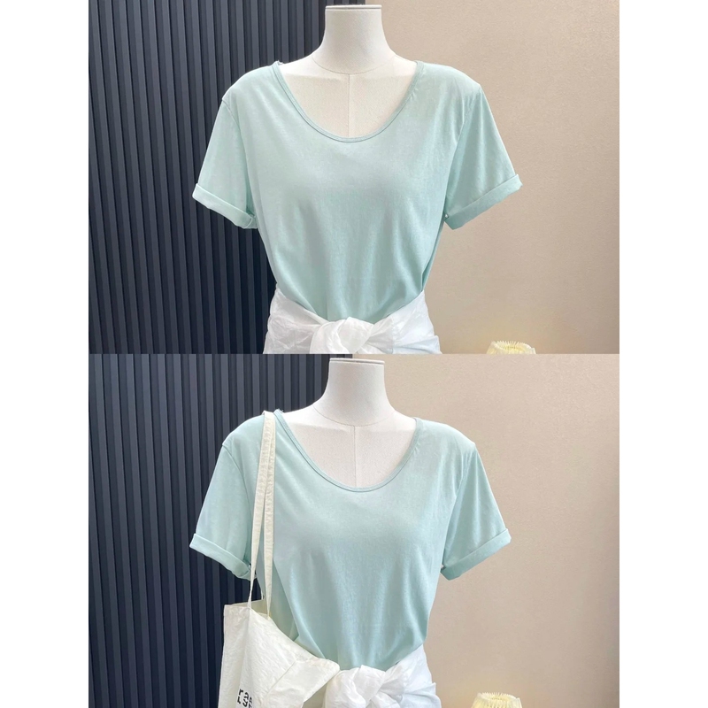 Summer Mint Green U-Neck Snowflake Cotton Short-Sleeve T-Shirt for Women 2026 New Style Elegant Slimming Basic Top Base Shirt