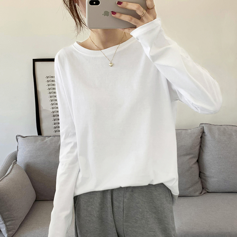 White Long-Sleeved Pure Cotton Women's T-Shirt Jacket, Suit Sweatshirt, Inner Layer Base Shirt, Spring, Autumn, and Winter Round Neck Black Top