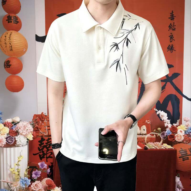 Handsome Little Dude Summer New Chinese Style National Trend Embroidered Short Sleeve Polo Shirt for Men, Breathable Engagement Set with Turn-Down Collar Half-Sleeve Clothing Handsome Little Dude Summer New Chinese Style National Trend Embroidered Short Sleeve Polo Shirt for Men, Breathable Engagement Set with Turn-Down Collar Half-Sleeve Clothing