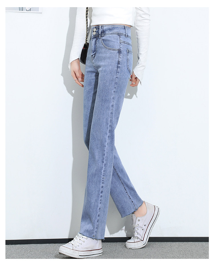 女式夏季薄款直筒牛仔长裤弹性修身带宽松毛边裤脚高腰显高腿长浅详情23