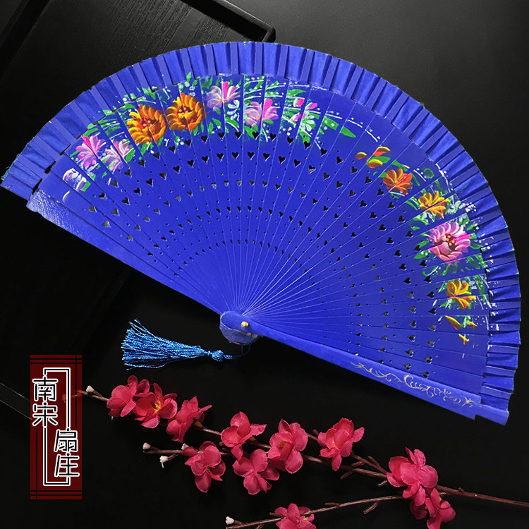 Blue dance fan hand-painted fan folding fan wooden fan double-sided group dance fan Spanish wooden fan paint fan