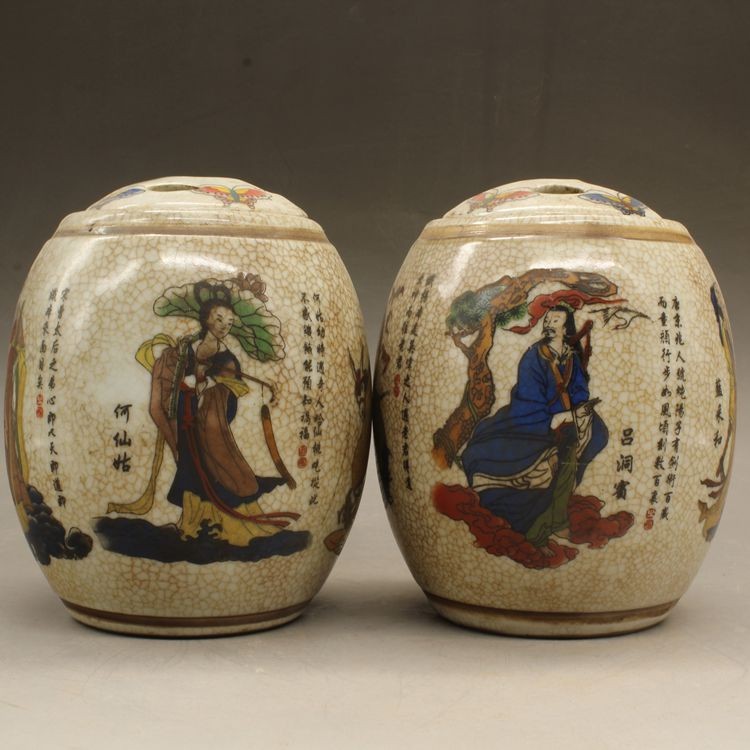 Qingqianlong pastel eight immortals cricket cans (pair) tea cans antique porcelain antique antique ornaments collection