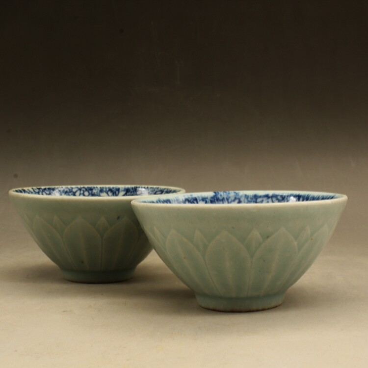 Qingguang Xu Min Kiln Iron Rust Spot Bamboo Hat Tea Bowl (a pair) Ancient playing porcelain Antiquity antique porcelain pendulum piece