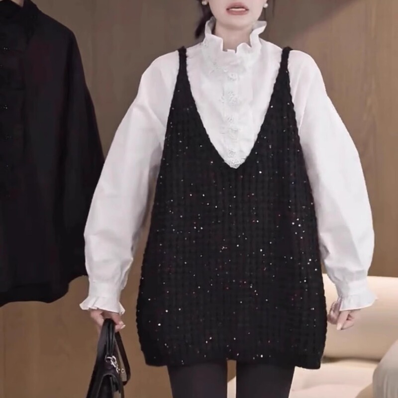 Spring and Autumn Plus Size Sleeveless V-Neck Layered Knitted Vest 150kg Extra Large Size Fashionable Loose Sequin Sweater Vest for Women