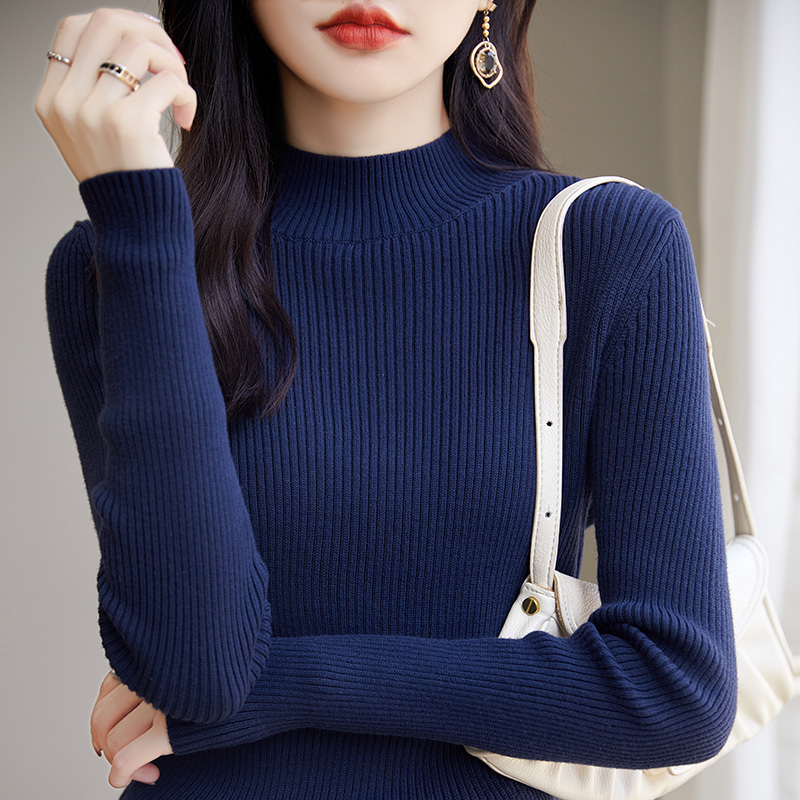 Non-Pilling Pure Cotton Knitwear for Women, Long-Sleeved, All-Cotton, Spring, Autumn, and Winter Half-Turtleneck Base Layer, Slim Fit Tight-Fitting Sweater