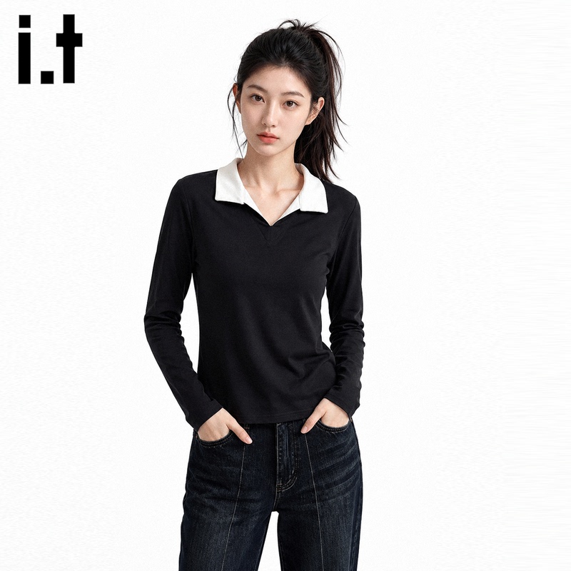 It Fivecm Korean-Style Black Polo Collar Long-Sleeved T-Shirt for Women, Autumn Casual Elegant Base Layer Top