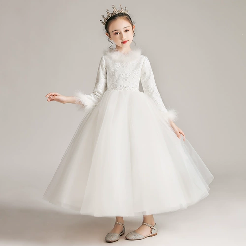Белое платье девочки цветочницы, зимний наряд маленькой принцессы, увеличенная толщина, из фатина, подарок на день рождения