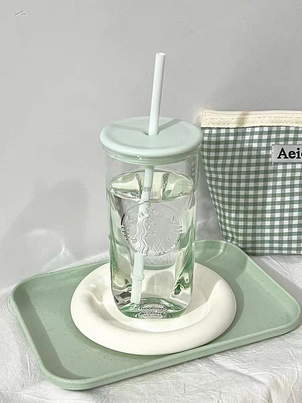 Starbucks Cup Natural Series Mint Green Triangular Glass Straw Cup Small Fresh Water Cup Office Gift