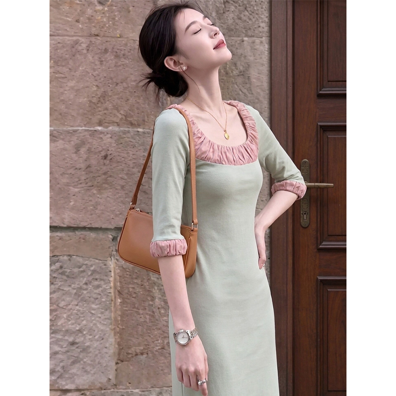 French-Style Green Patchwork Dress for Women, High-End, Elegant, Sophisticated, Slim-Fitting, Five-Quarter Sleeve Dress for Early Autumn French-Style Green Patchwork Dress for Women, High-End, Elegant, Sophisticated, Slim-Fitting, Five-Quarter Sleeve Dress for Early Autumn