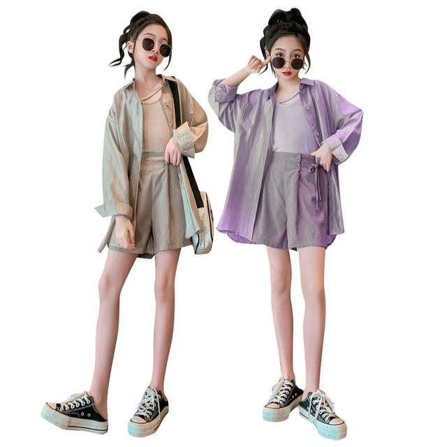 Girls' summer sun protection clothing suit 2023 new Korean version of the big boy's fashionable girl's vest shorts three-piece suit