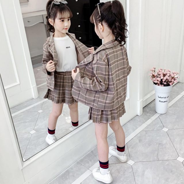 Girls spring and autumn suit suit 2023 new big boy Korean version plaid small suit little girl foreign style two-piece suit