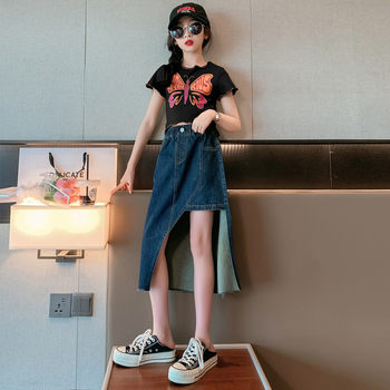 Girls denim suit skirt summer 2023 new big boy girl foreign style short-sleeved children's skirt two-piece set