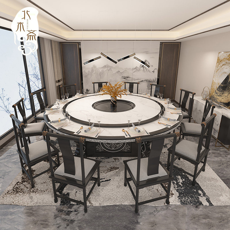 Hotel Dining Table Big Round Table New Chinese Manual Electric Round Table Dining Room Hotel Bag Room Table And Chairs Combination Custom