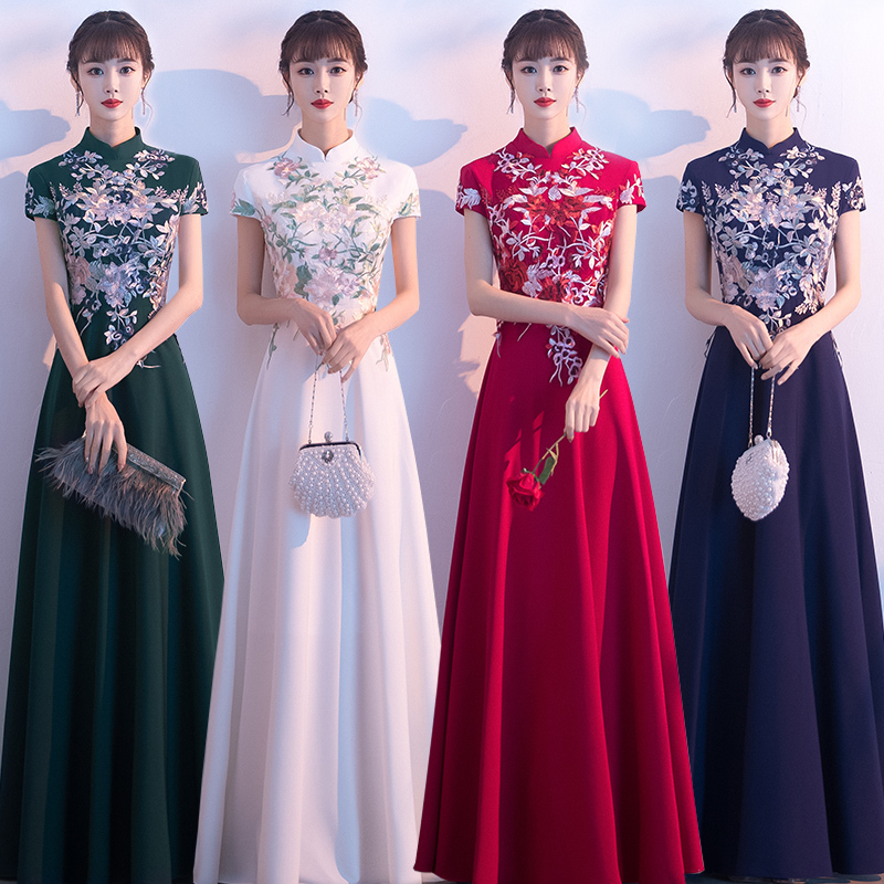 Chinese-Style Choir Competition Dress for Women, New Elegant Style, Annual Meeting Host, Stand-Up Collar Performance Dress, Long and Grand Outfit