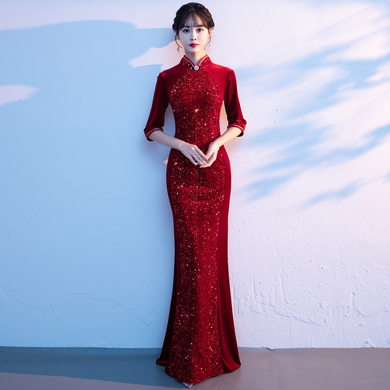 formal dress shoes for wedding Chinese Style Lace Slim Cheongsam Long Mermaid Evening Dress – Jasmine Wei  Factory Shop main image 0
