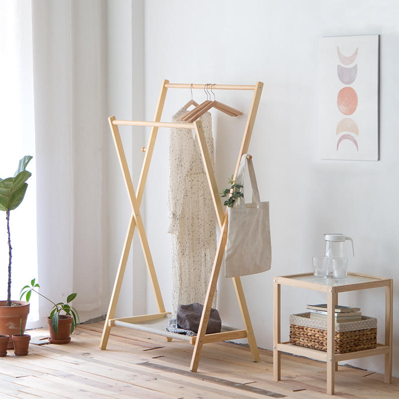 Nordic solid wood coat rack Simple floor-to-ceiling double rod hanger Multi-function bedroom space-saving clothes rack
