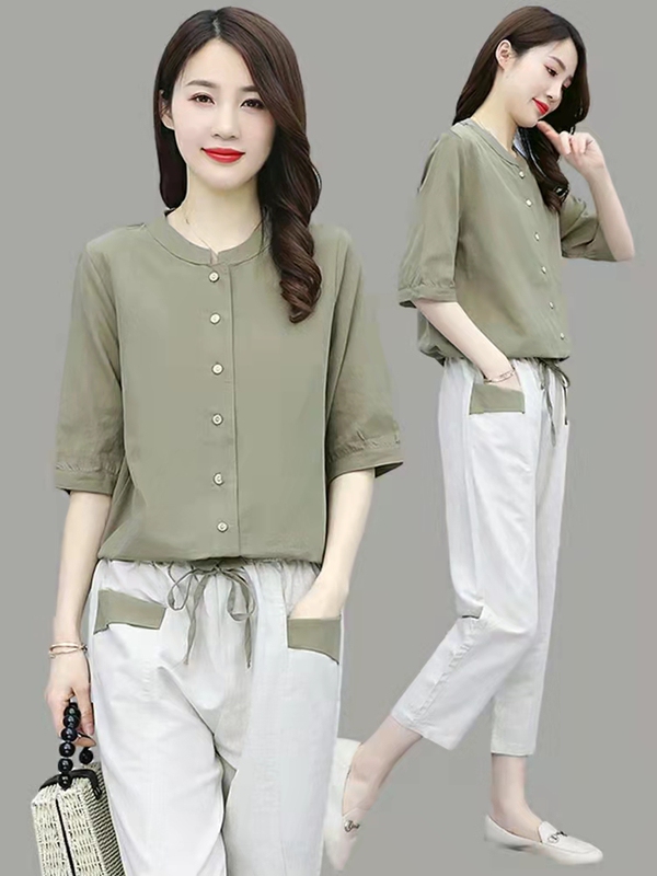 Petite Cotton and Linen Suit Pants for Women, 2024 Summer New Women's Short-Sleeved Top and Nine-Point Pants Linen Two-Piece Set, Trendy