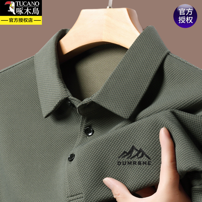 Woodpecker Men's Long-Sleeved T-Shirt, New Spring and Autumn Style, Collared Base Shirt, Sweatshirt, Casual Solid Color, Large Size Polo Shirt, Trendy